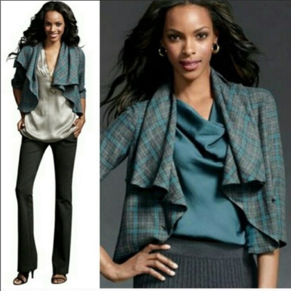 Cabi Plaid Court Shawl Collar ¾ Sleeve Cropped Blazer Teal Blue Jacket Size 10